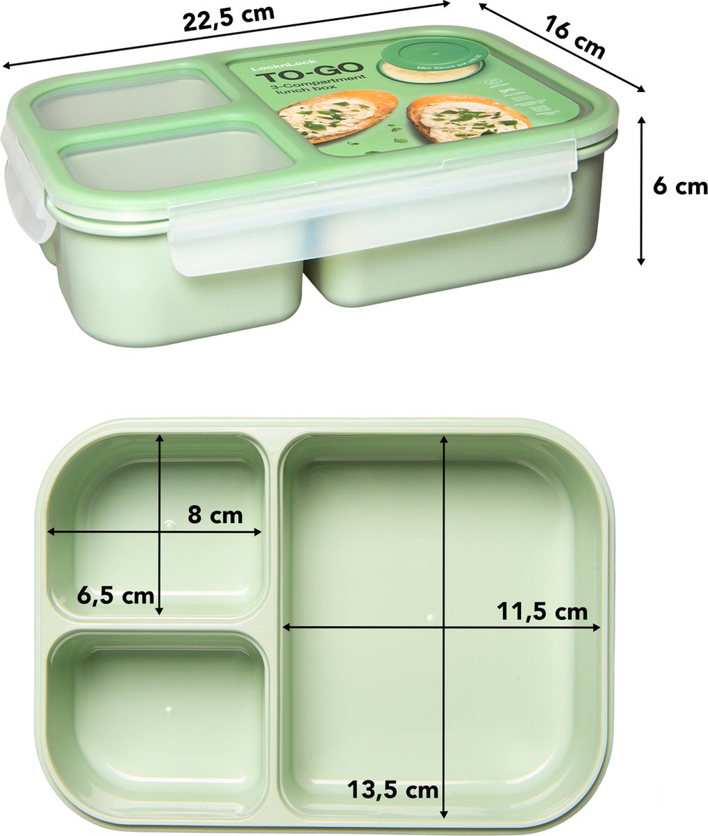  Lock&amp;Lock Lunchbox - Bento Box - Salade Lunchbox - Met 3 Compartimenten - Met Dressing/Saus Bakje - Volwassenen En Kinderen - To Go - Lekvrij - BPA Vrij - 980 Ml - Groen