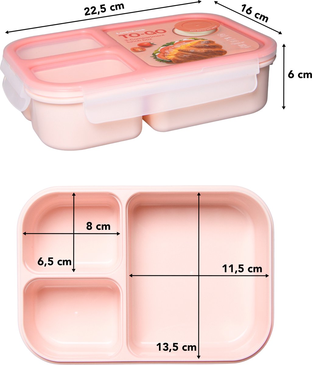  Lock&amp;Lock Lunchbox - Bento Box - Salade Lunchbox - Met 3 Compartimenten - Met Dressing/Saus Bakje - Volwassenen En Kinderen - To Go - Lekvrij - BPA Vrij - 980 Ml - Roze