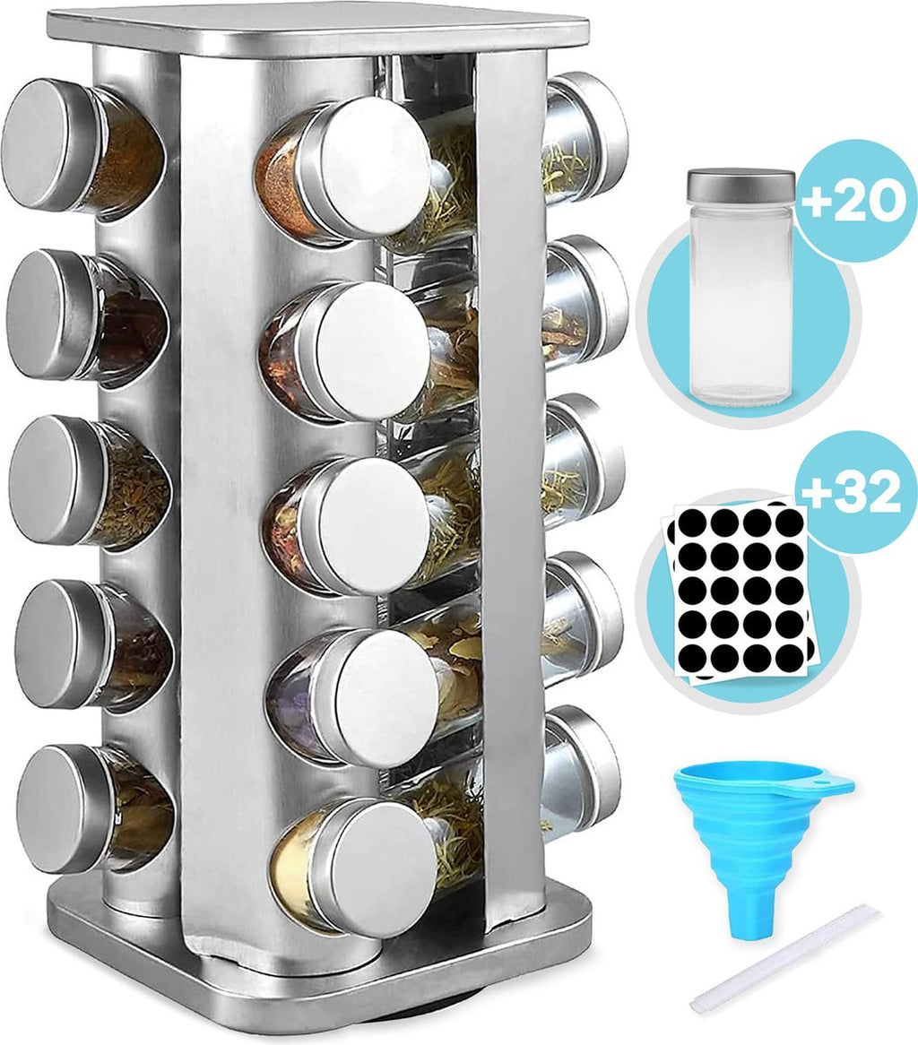  LuZana® Draaibaar Kruidenrek -RVS- Staand Met Potjes - 20 Kruidenpotjes Met Strooideksel – Incl. Labels, Krijtstift En Trechter