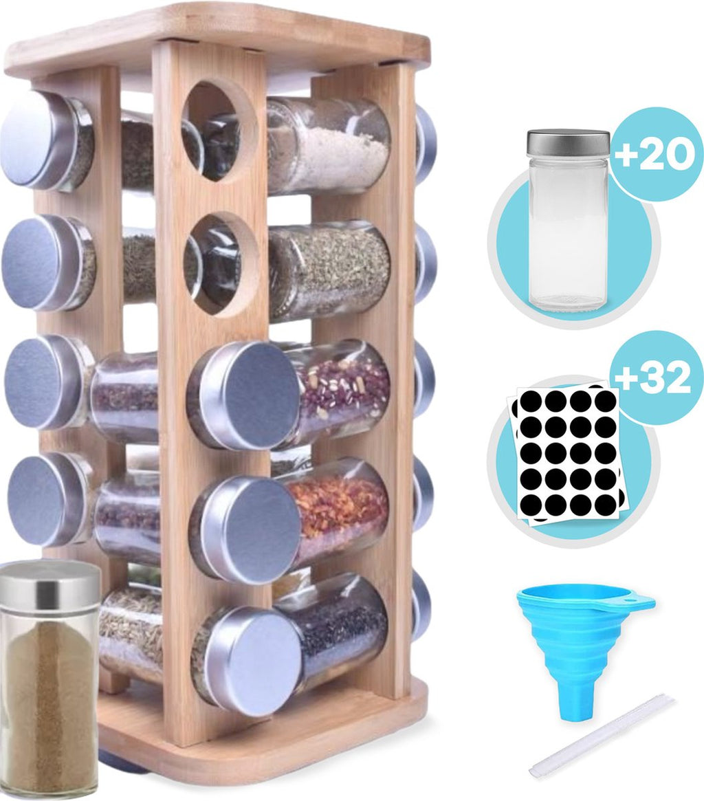  LuZana® Draaibaar Kruidenrek Staand Met Potjes - Bamboe- 20 Kruidenpotjes Met Strooideksel – Incl. Labels, Krijtstift En Trechter