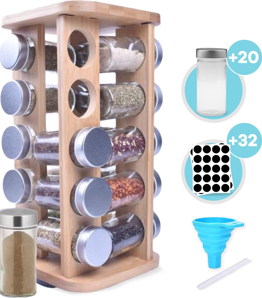  LuZana® Draaibaar Kruidenrek Staand Met Potjes - Bamboe- 20 Kruidenpotjes Met Strooideksel – Incl. Labels, Krijtstift En Trechter