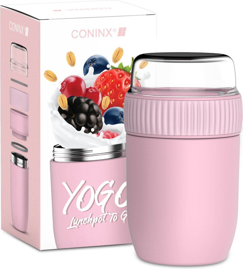  Coninx Thermos Lunchbox - Muesli Beker To Go - Isoleer Lunchpot - Yoghurtbeker To Go - Mueslibeker 840ml (600ml+240ml) - RVS / Roze