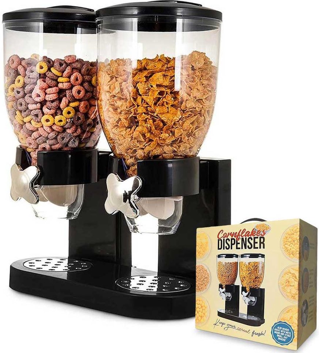 MikaMax Cornflakes Dispenser - Voorraadbus - Cornflakes Voorraadpot - Ontbijt Granendispenser - Zwart - 2 X 500 Gram