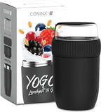  Coninx Thermos Lunchbox - Muesli Beker To Go - Isoleer Lunchpot - Yoghurtbeker To Go - Mueslibeker 840ml (600ml+240ml) - RVS / Zwart