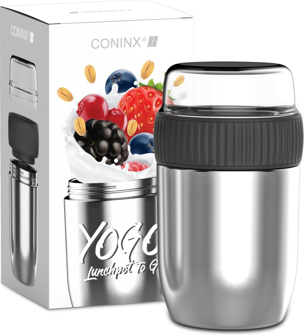  Coninx Thermos Lunchbox - Muesli Beker To Go - Isoleer Lunchpot - Yoghurtbeker To Go - Mueslibeker 840ml (600ml+240ml) - RVS
