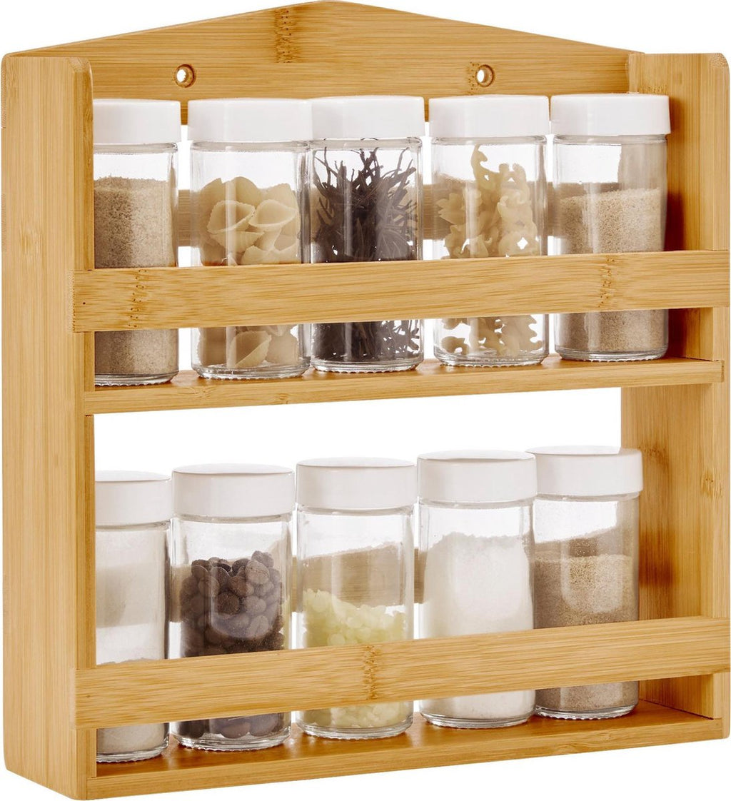  ACAZA Ophangbaar Kruidenrek Met 10 Glazen Kruidenpotjes, Spice Rack, Keuken Rek, Kruiden Organizer Voor Specerijen, Peper, Zout, 26 Cm Breed, Bamboe
