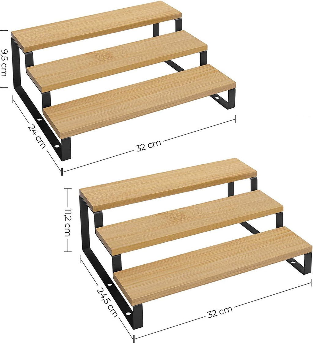  Kruidenrekken, Set Van 2, Keukenrekken, Met 3 Planken, Bamboe, Uitschuifbaar, Stapelbaar, Voor Keuken, Werkblad, Zwart