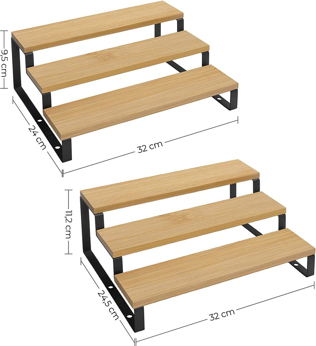 Kruidenrekken, Set Van 2, Keukenrekken, Met 3 Planken, Bamboe, Uitschuifbaar, Stapelbaar, Voor Keuken, Werkblad, Zwart