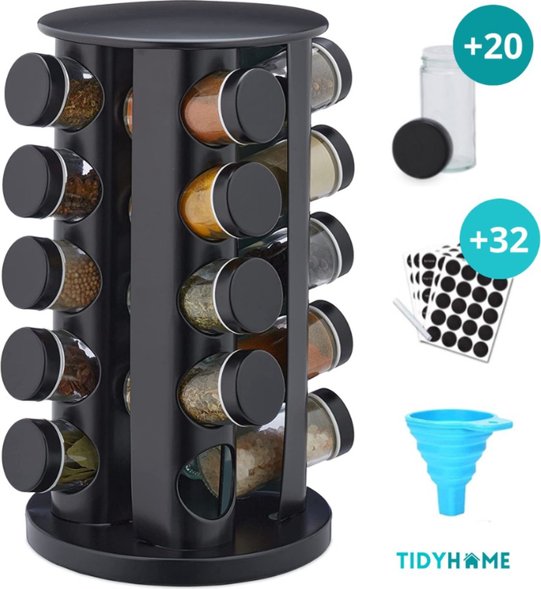  TidyHome Kruidenrek Draaibaar - Kruidenpotjes - Kruiden Carrousel - 20 Kruidenpotjes - Zwart - RVS - Draaibaar - Aanrecht Organizer - Inclusief Labels, Pen En Trechter - Keuken Organizer