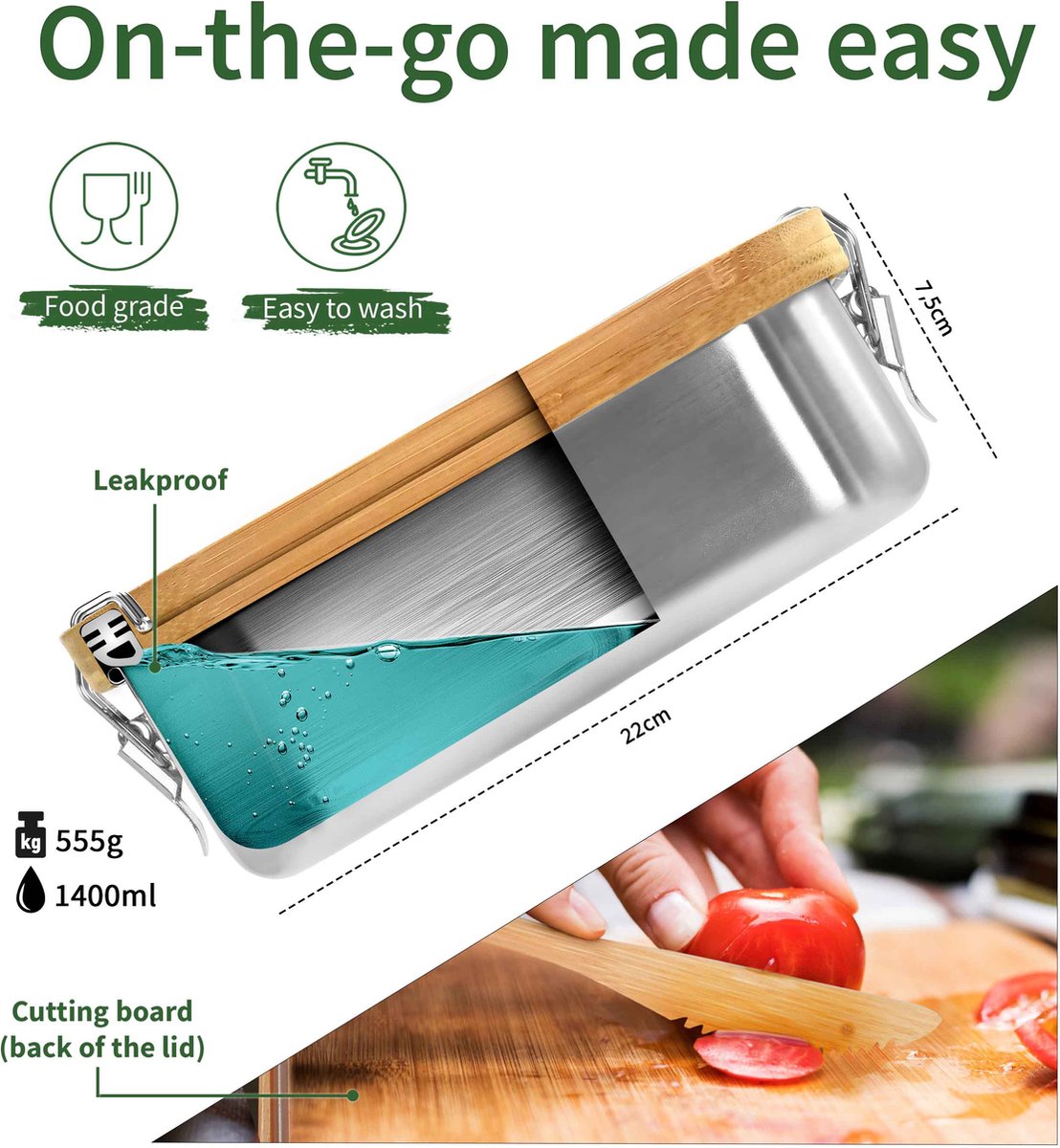  Bamboe Lunch Box 1400 Ml | Broodbox | Ecologisch | Roestvrijstalen Lunchbox | Bentobox No Leak | Smaakloos | Bamboe Grote Broodtrommel | Lunchbox Volwassenen | Lunchbox RVS Bamboe | Bambaw