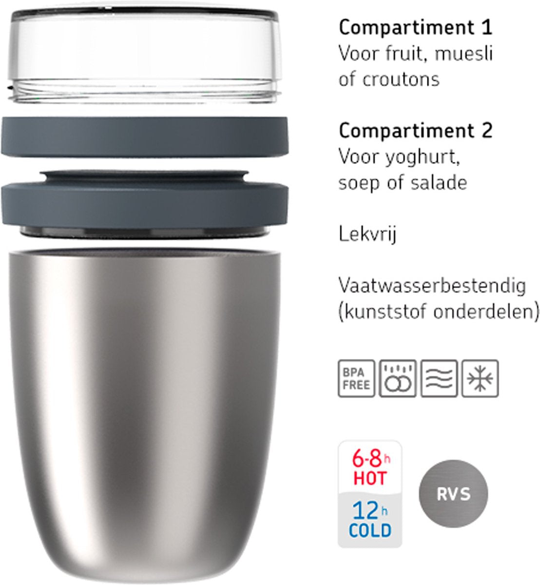  Mepal – Isoleer Lunchpot Ellipse – Houdt Je Eten 6-8 Uur Warm En 12 Uur Koud – Natural Brushed – 2 Compartimenten – Soep Beker To Go – Yoghurt Beker Muesli - Thermos Lunchbox