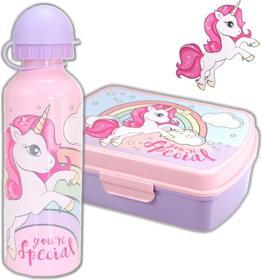  Broodtrommel + Drinkfles Unicorn | Lunchbox Voor Kinderen | Eenhoorn Roze LS03a