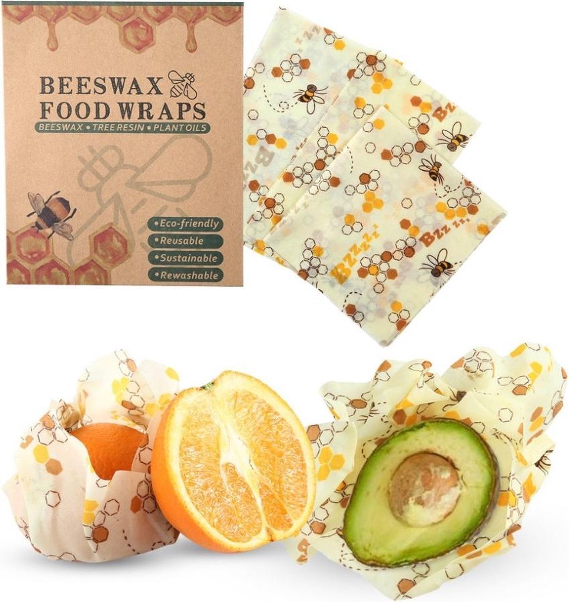  Bijenwas Doek - 3-pack - Bees Wrap - Bijen En Honingraat Print