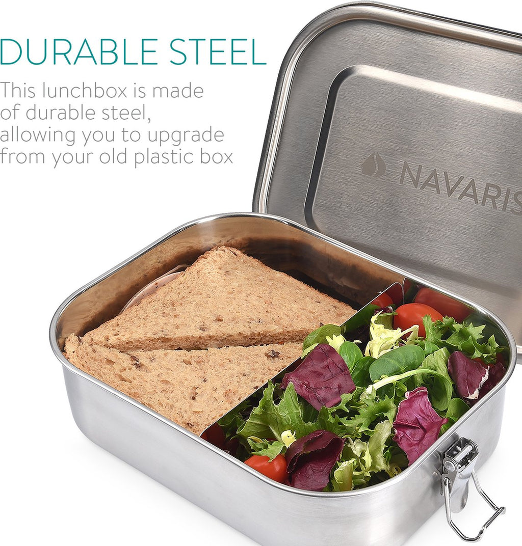  Navaris RVS Broodtrommel Met Verdeler - Meal Prep Bakje - Vershouddoos - Lunchbox - 17 X 13 X 6 Cm - Inhoud 0,8 Liter - Vaatwasbestendig