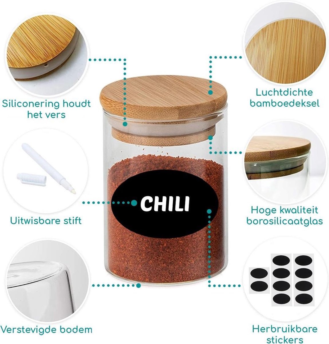  Quality Needz - Voorraadbussen - 250 ML - Glazen Potjes Met Deksel - Kruidenpotjes - 10 Delige Set - BPA-vrij - Gratis Pen &amp; Herschrijfbare Stickers