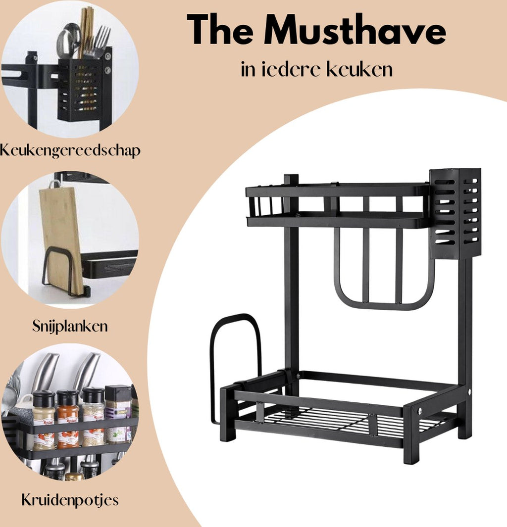  Pazzo Goods - Keuken Organizer - Keukenrek - Zwart - Metaal - 2 Laags - Multifunctioneel - Zwart -