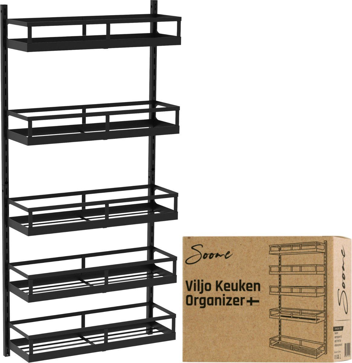 Soome Viljo - Kruidenrek Ophangbaar - Keukenrek - Wandrek - Keuken Organizer - 5 Laags - Verstelbaar - Staal - Zwart - H85xB42.5cm