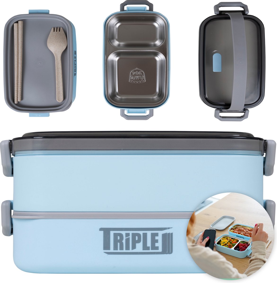  Triple J® Lunchbox - Broodtrommel - Lucht- &amp; Lekvrij - Incl. Bestek - Magnetron &amp; Vaatwasser Bestendig