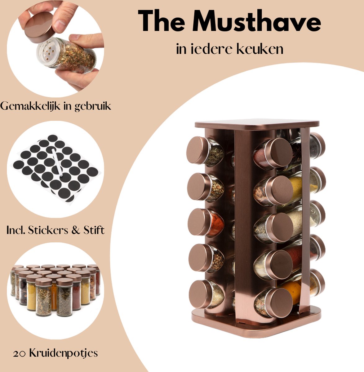  Pazzo Goods - Kruidenrek Staand - Kruidenrek Met Potjes - Rose Goud - RVS - Kruidenrek Draaibaar - 20 Kruidenpotjes - Inclusief Stickers &amp; Stift - Kruiden Carrousel