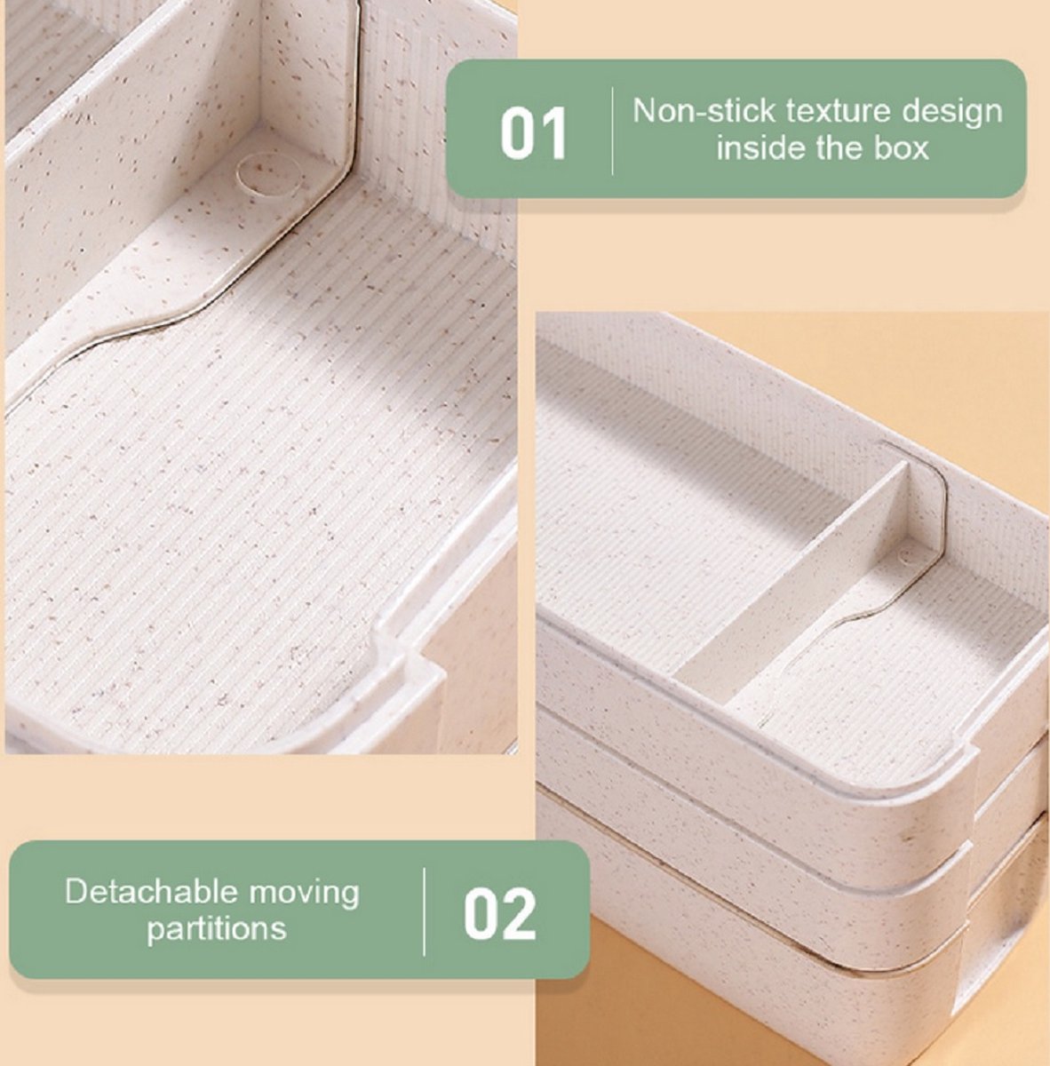  Bento Lunchbox - Lunchtrommel 900ml 3 Laags - Inclusief Bestek - Beige - Opline