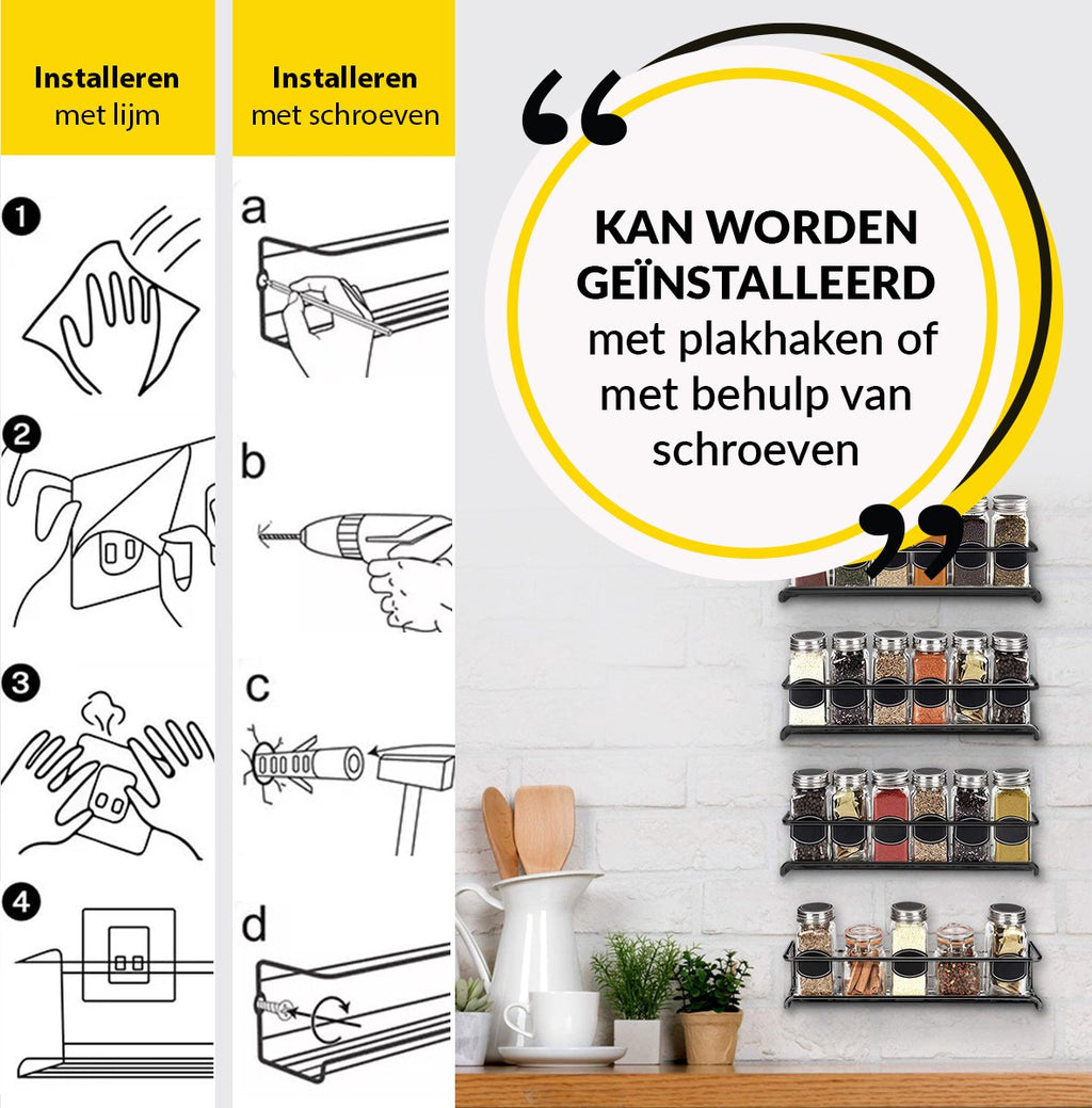  YORGS Kruidenrek Ophangbaar - Kruidenrekje Voor Potjes - Kruidenrekken Hangend 4 Stuks - Zwart - Inc Ophangmateriaal