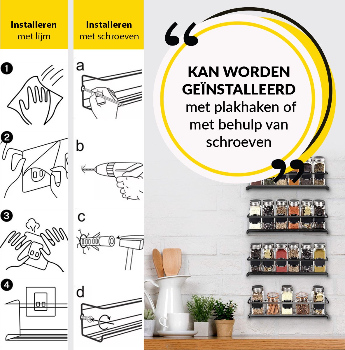  YORGS Kruidenrek Ophangbaar - Kruidenrekje Voor Potjes - Kruidenrekken Hangend 4 Stuks - Zwart - Inc Ophangmateriaal