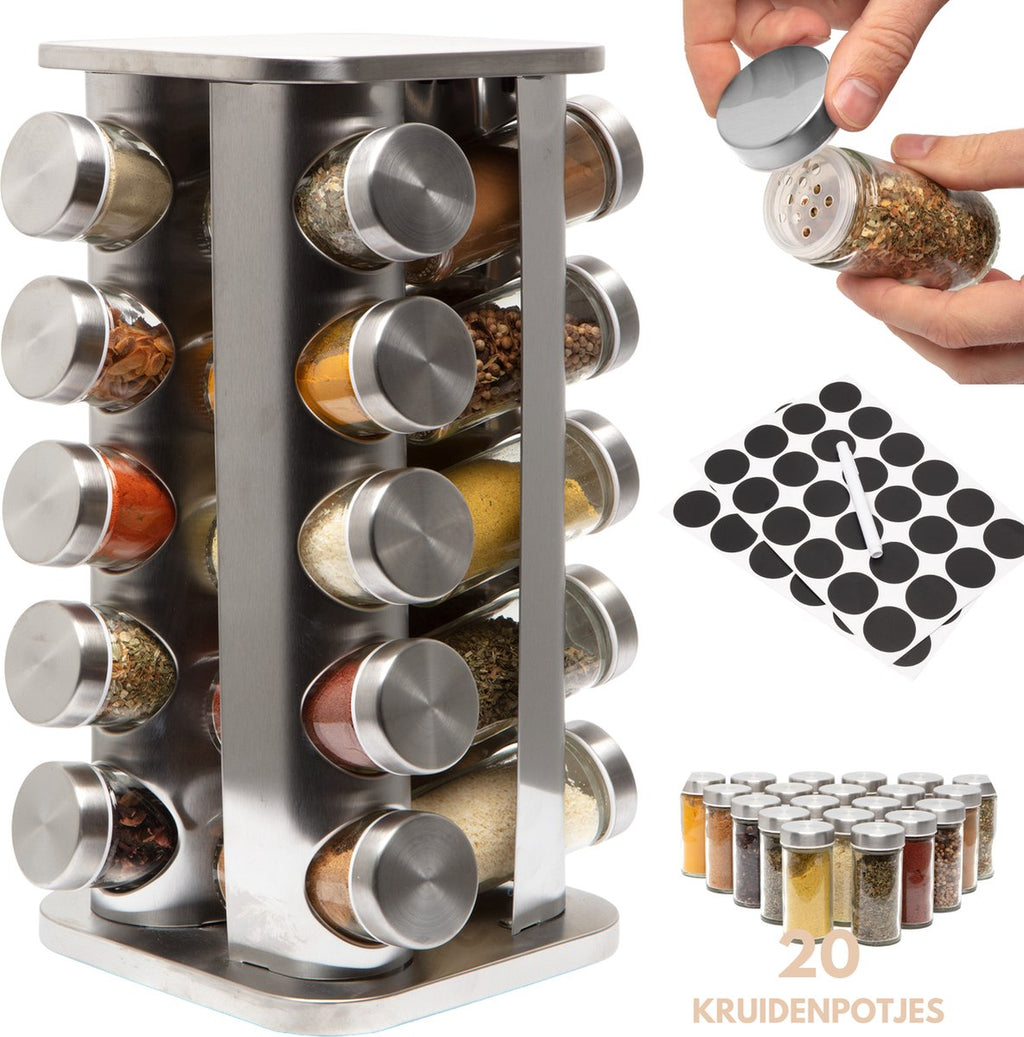  Pazzo Goods - Kruidenrek Staand - Kruidenrek Met Potjes - Zilver - RVS - Kruidenrek Draaibaar - 20 Kruidenpotjes - Inclusief Stickers &amp; Stift - Kruiden Carrousel