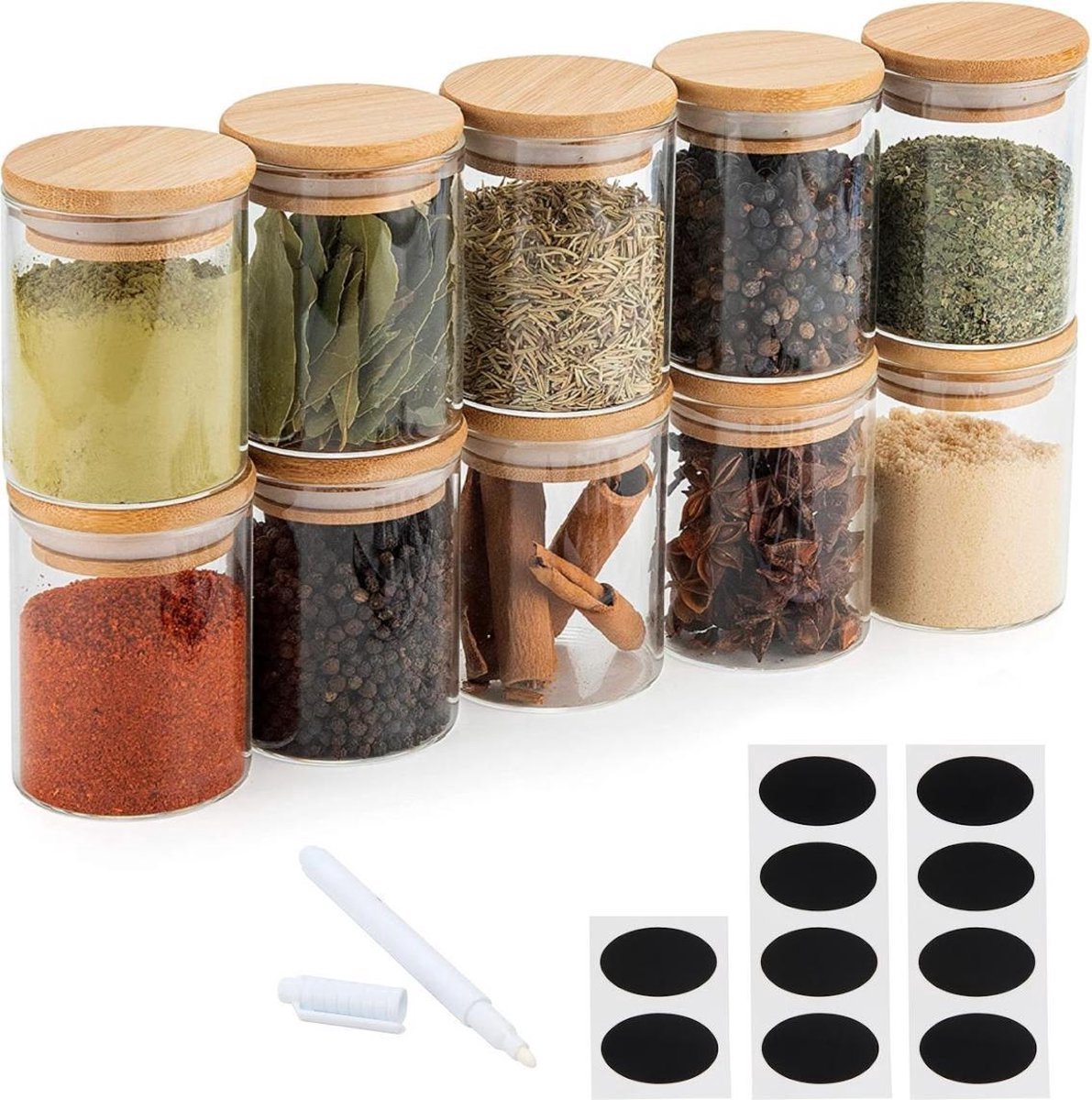  Quality Needz - Voorraadbussen - 250 ML - Glazen Potjes Met Deksel - Kruidenpotjes - 10 Delige Set - BPA-vrij - Gratis Pen &amp; Herschrijfbare Stickers