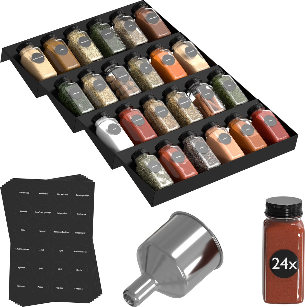  Noswo Kruidenrek Lade Met 24 Potjes - Complete Set - Vierkant - Strooideksel En Labels - Kruiden Organizer - Keukenlade Organiser - Zwart