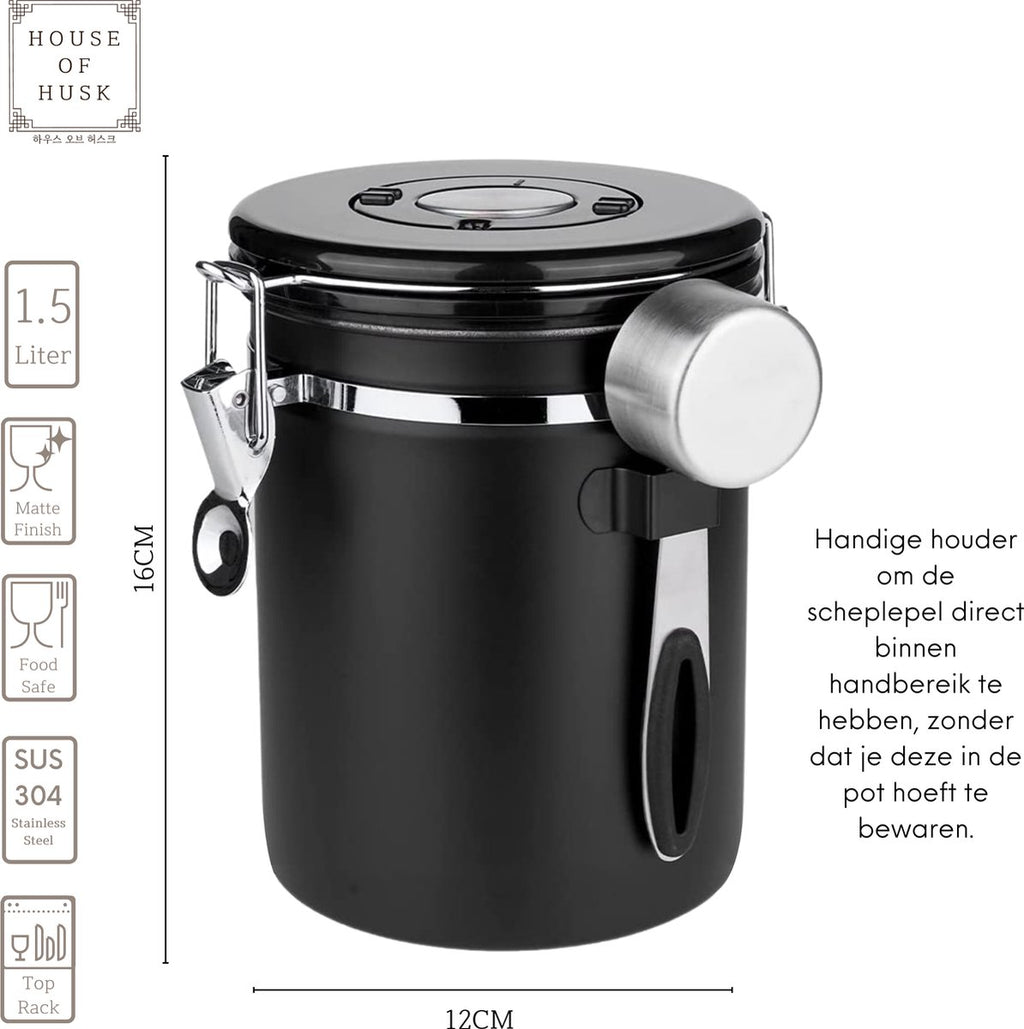  House Of Husk Koffieblik Met CO² Ventilatie - Bewaarblik - Voorraadbussen - Voorraadblik - RVS - Zwart - 1.5 Liter