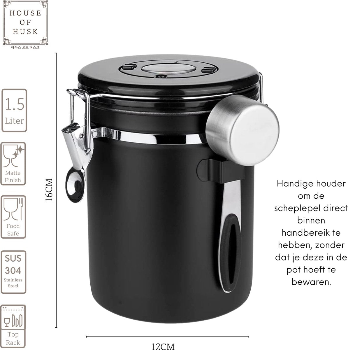  House Of Husk Koffieblik Met CO² Ventilatie - Bewaarblik - Voorraadbussen - Voorraadblik - RVS - Zwart - 1.5 Liter