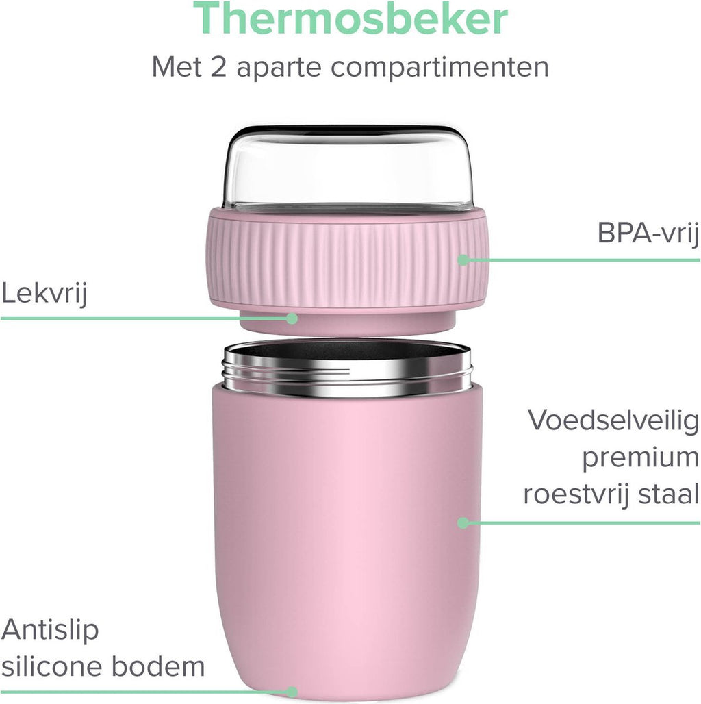  Coninx Thermos Lunchbox - Muesli Beker To Go - Isoleer Lunchpot - Yoghurtbeker To Go - Mueslibeker 840ml (600ml+240ml) - RVS / Roze