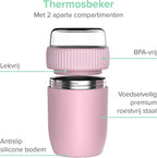  Coninx Thermos Lunchbox - Muesli Beker To Go - Isoleer Lunchpot - Yoghurtbeker To Go - Mueslibeker 840ml (600ml+240ml) - RVS / Roze