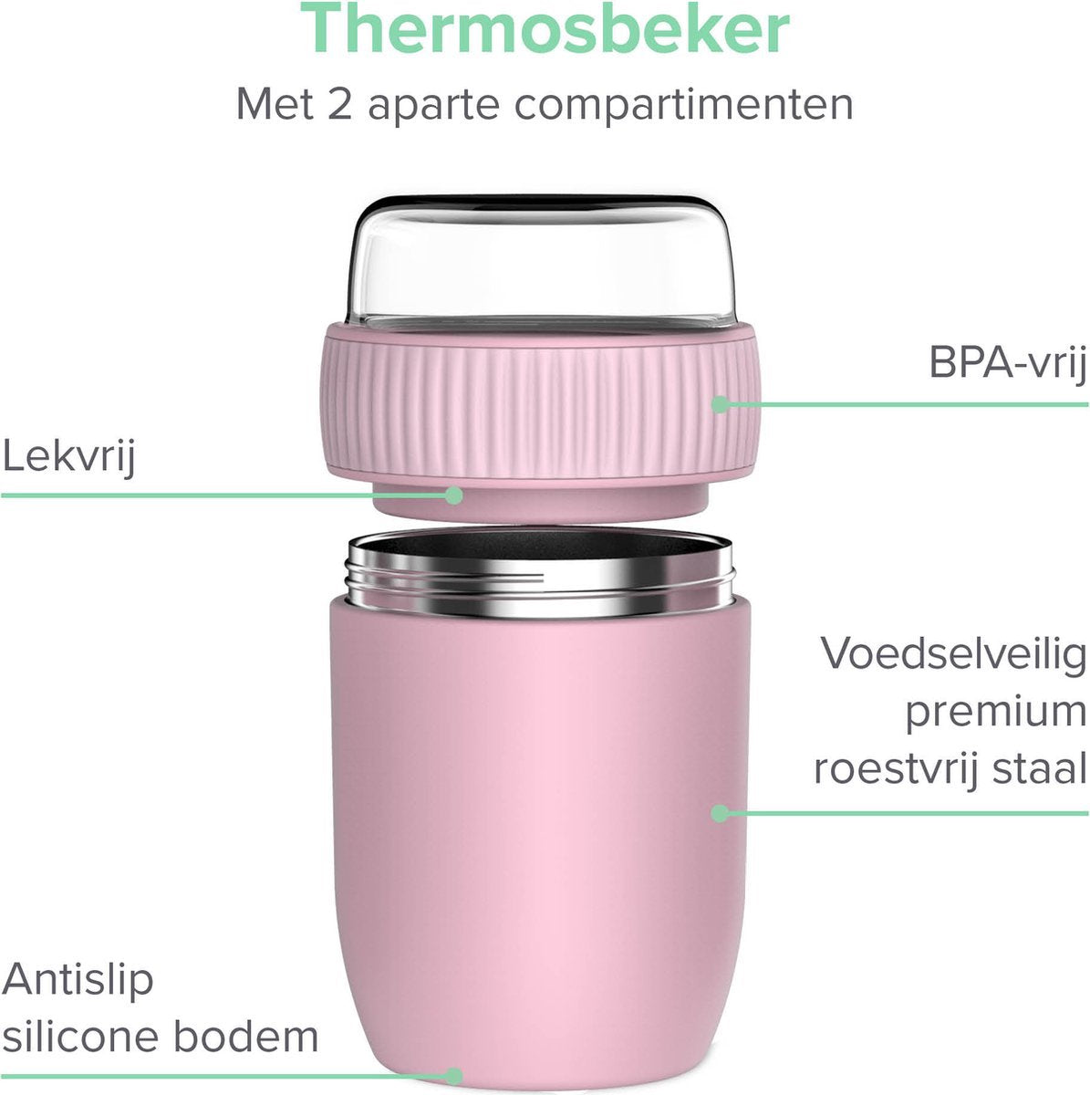  Coninx Thermos Lunchbox - Muesli Beker To Go - Isoleer Lunchpot - Yoghurtbeker To Go - Mueslibeker 840ml (600ml+240ml) - RVS / Roze