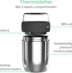  Coninx Thermos Lunchbox - Muesli Beker To Go - Isoleer Lunchpot - Yoghurtbeker To Go - Mueslibeker 840ml (600ml+240ml) - RVS
