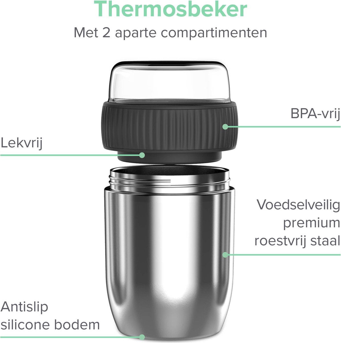  Coninx Thermos Lunchbox - Muesli Beker To Go - Isoleer Lunchpot - Yoghurtbeker To Go - Mueslibeker 840ml (600ml+240ml) - RVS