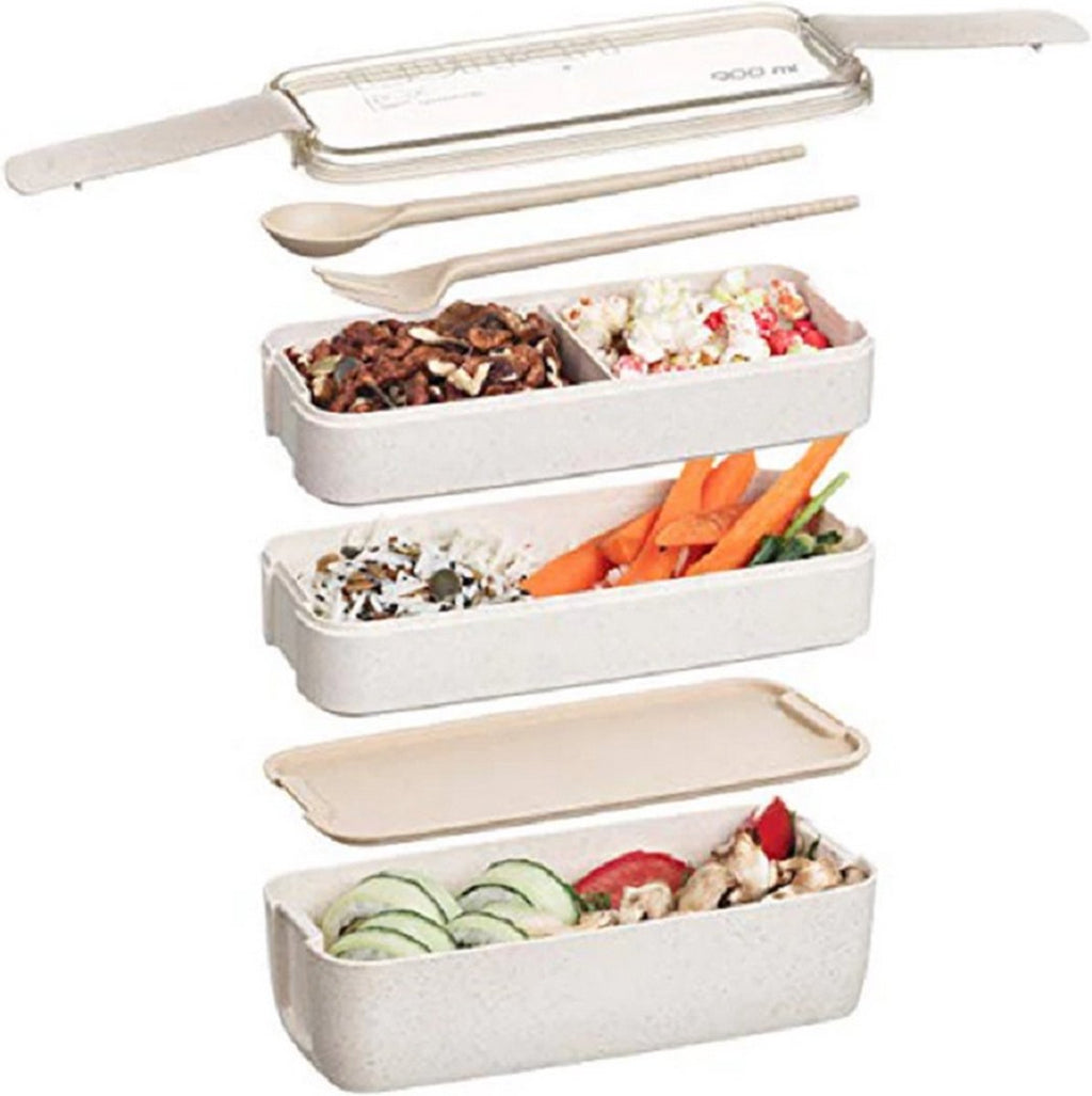  Bento Lunchbox - Lunchtrommel 900ml 3 Laags - Inclusief Bestek - Beige - Opline