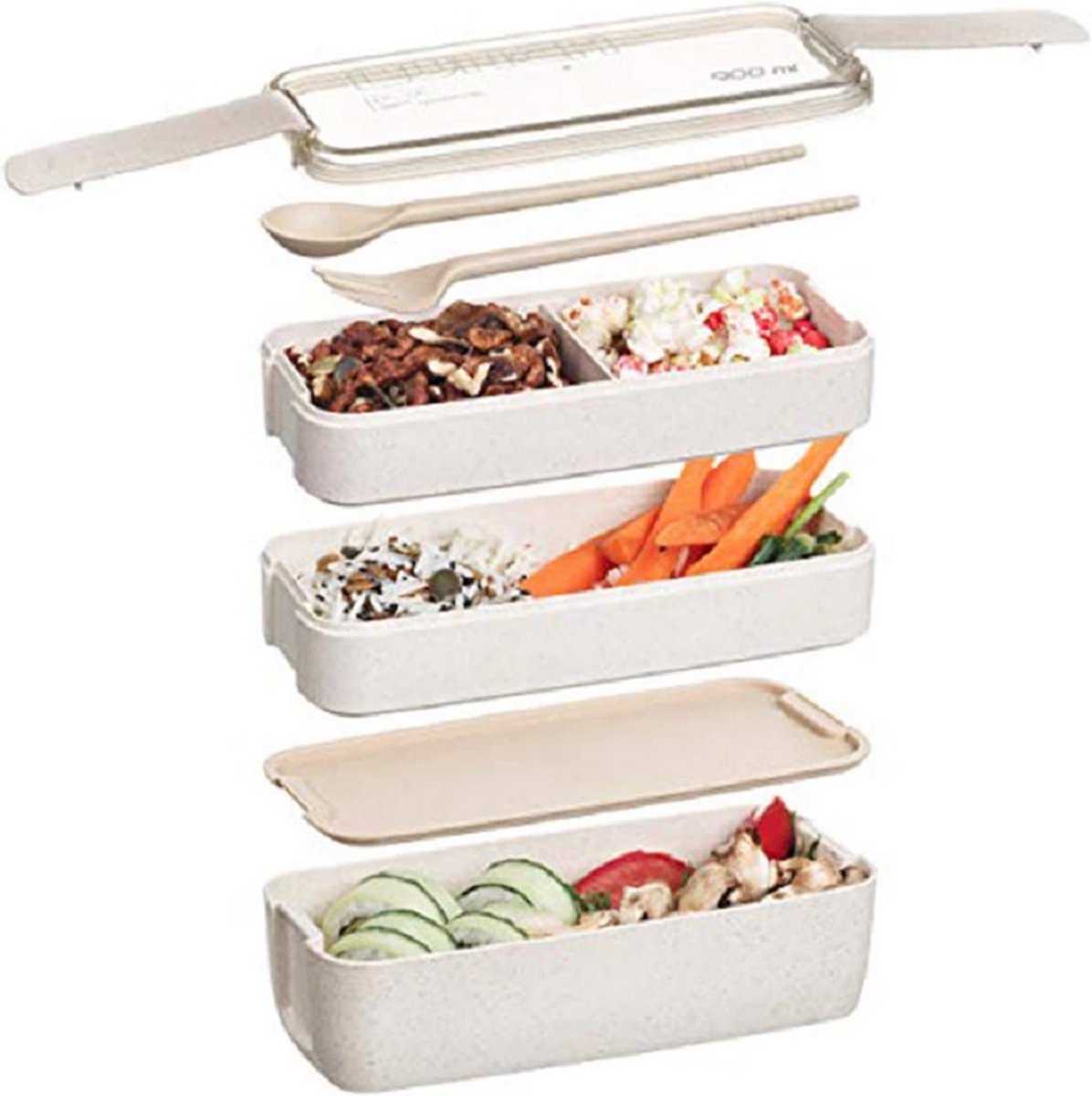  Bento Lunchbox - Lunchtrommel 900ml 3 Laags - Inclusief Bestek - Beige - Opline