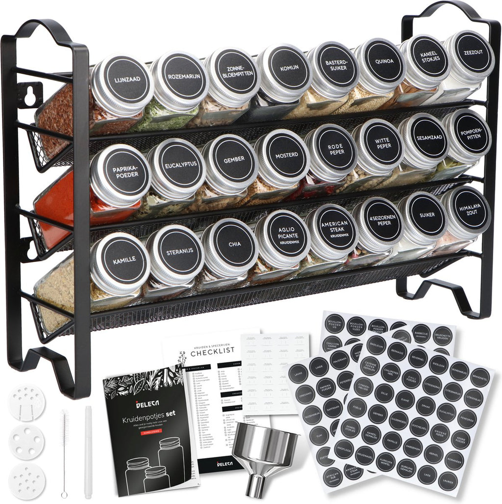  Deleca Kruidenrek Organizer Met 24 Kruidenpotjes - Vierkant - Strooideksel &amp; Labels - Ophangbaar Of Staand - Industrieel / Zwart