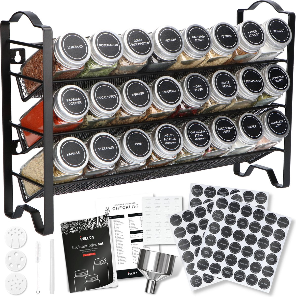  Deleca Kruidenrek Organizer Met 24 Kruidenpotjes - Vierkant - Strooideksel &amp; Labels - Ophangbaar Of Staand - Industrieel / Zwart