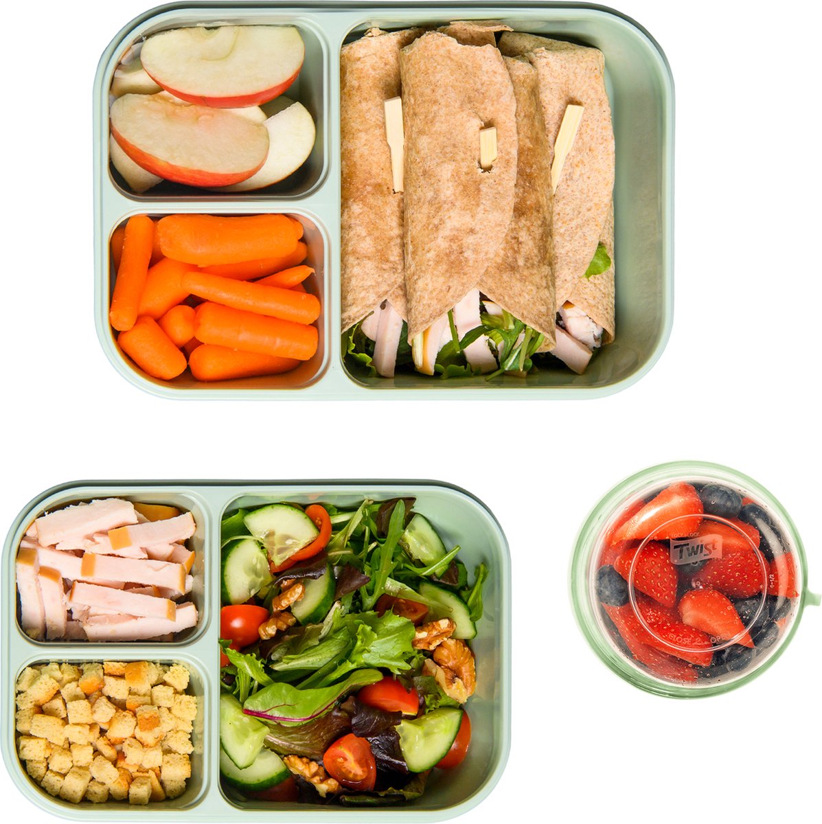  Lock&amp;Lock Lunchset - Yoghurtbeker En Lunchboxen - Bento Box - Muesli Beker - Snackdoosjes - Lunchpot - Met Compartimenten - Volwassenen En Kinderen - To Go - Lekvrij - BPA Vrij - Groen