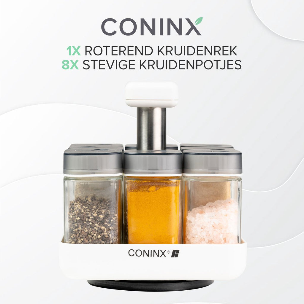  Coninx Kruidenrek Staand - Draaiend Kruidenrek Met Glazen Potjes - Kruidencarrousel Draaibaar - 8 Kruidenpotjes - Wit / RVS