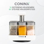  Coninx Kruidenrek Staand - Draaiend Kruidenrek Met Glazen Potjes - Kruidencarrousel Draaibaar - 8 Kruidenpotjes - Wit / RVS