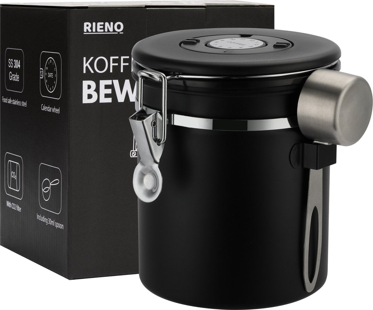  Koffie Bewaarbus Luchtdicht Met CO2 Uitlaat - Koffieblik Bewaarblik Voor 500 Gr Koffiebonen - Zwart - 1.2L