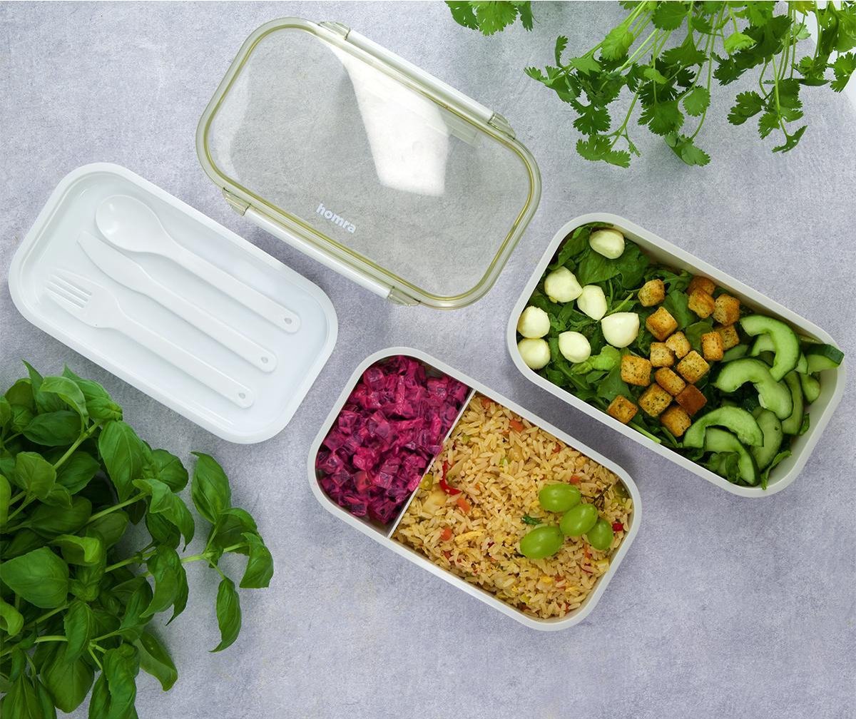  Homra Lunchbox STAQS Grey - Bento Box - 2 Laags Broodtrommel - 3 Compartimenten - Grijs - Lunch To Go - Duurzaam Kunststof - BPA Vrij - 3 Vaks Lunchtrommel Voor Volwassenen - Inclusief Bestek - Magnetron, Diepvries, Vaatwasser Bestendig - Vers Houden