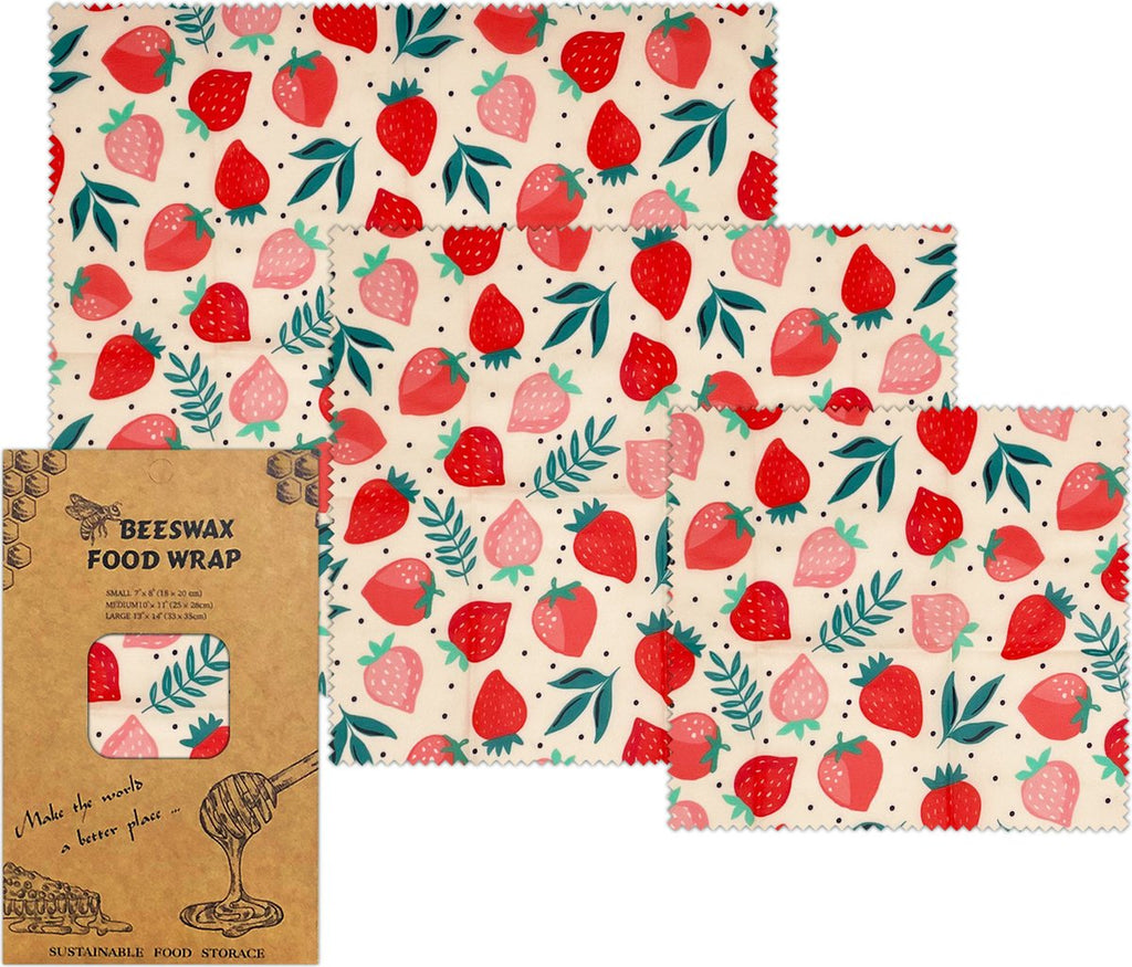  Bijenwas Wraps (Bijenwas Doek) - "rode Aardbei" Set Van 3 - 1S, 1M, 1L - Beeswax Wraps - Herbruikbaar Boterhamzakje - Bee Wrap - Beewax - Bijenwasdoek - Zero Waste - Duurzaam Cadeau