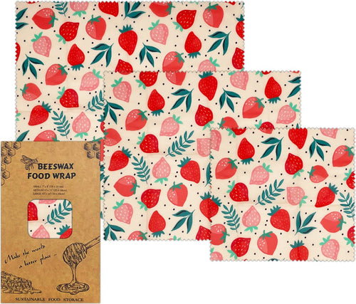  Bijenwas Wraps (Bijenwas Doek) - "rode Aardbei" Set Van 3 - 1S, 1M, 1L - Beeswax Wraps - Herbruikbaar Boterhamzakje - Bee Wrap - Beewax - Bijenwasdoek - Zero Waste - Duurzaam Cadeau