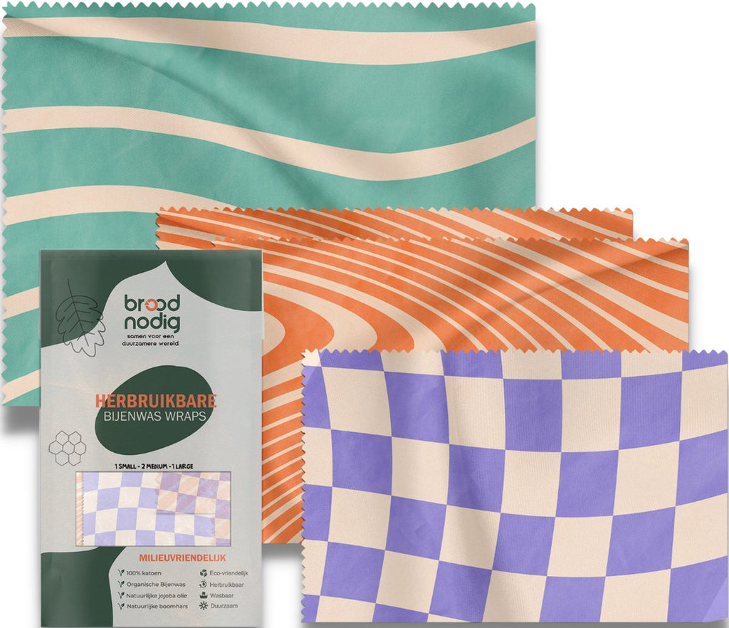  BROODNODIG® - Bijenwas Wraps (Bijenwas Doek) - Set Van 4 - 1S, 2M, 1L - Foodwrap - Beeswax Wraps - Bee Wrap - Beewax - Bijenwasdoek - Zero Waste - Duurzaam Cadeau - Herbruikbaar Boterhamzakje
