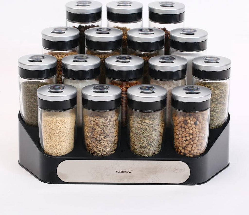 Merkloos Decopatent® Kruidenrek Incl. 16 Glazen Kruiden Potjes - Rvs Strooideksel - Staand Kruiden &amp; Specerijen Rek - Kruidenpotjes Glas