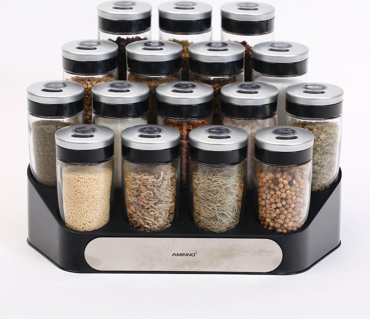 Merkloos Decopatent® Kruidenrek Incl. 16 Glazen Kruiden Potjes - Rvs Strooideksel - Staand Kruiden &amp; Specerijen Rek - Kruidenpotjes Glas